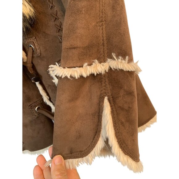 VTG Y2K Brown Esprit Faux Fur Sherpa Lined Coat Zip and Toggle Buttons RG10722 - Picture 8 of 11